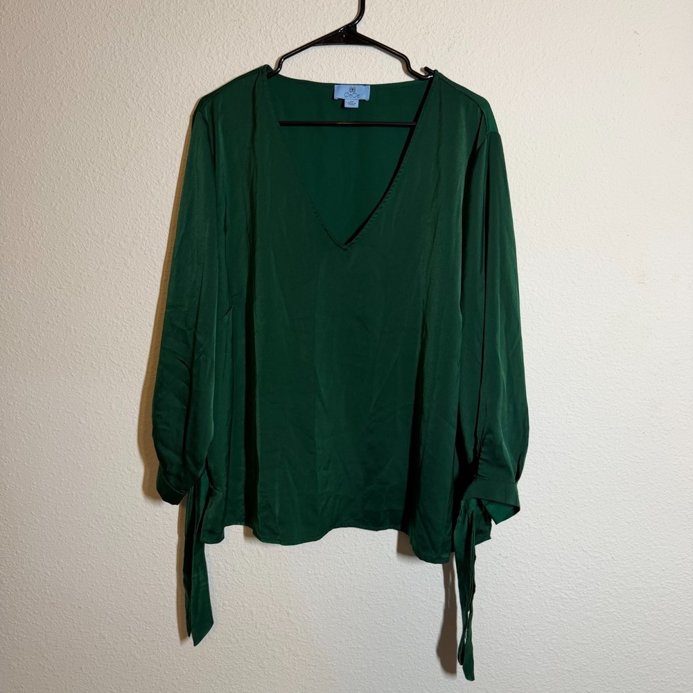 CeCe Blouse Top Womens 3X Dark Green Satin V Neck Tie Sleeve Side‎ Slits Party